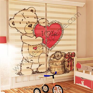 Poster Baskılı  Zebra Perde  SZR-1002 Kalpli Sevimli Ayıcık