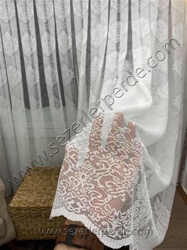 Yeni Sezon Örme Tül Perde Taç 7194 Damaks Desen Ekru