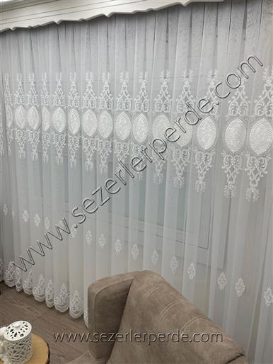 2026 Sezonu Lilium Tül Perde Nakışlı Kort  Sierra 09906 BEYAZ